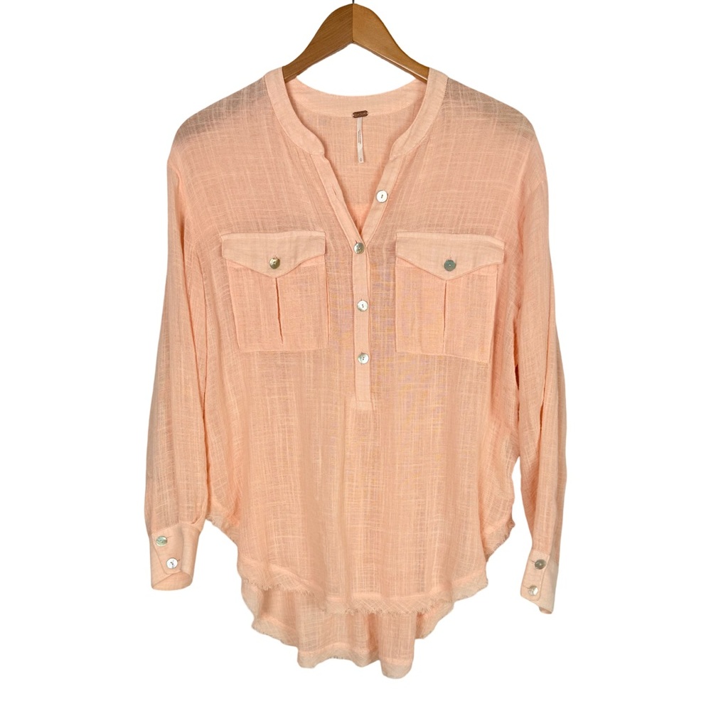 Free People Talk To Me Gazy Blouse Gauze Button Down Shirt Raw Hem Oversized - Picture 2 of 8